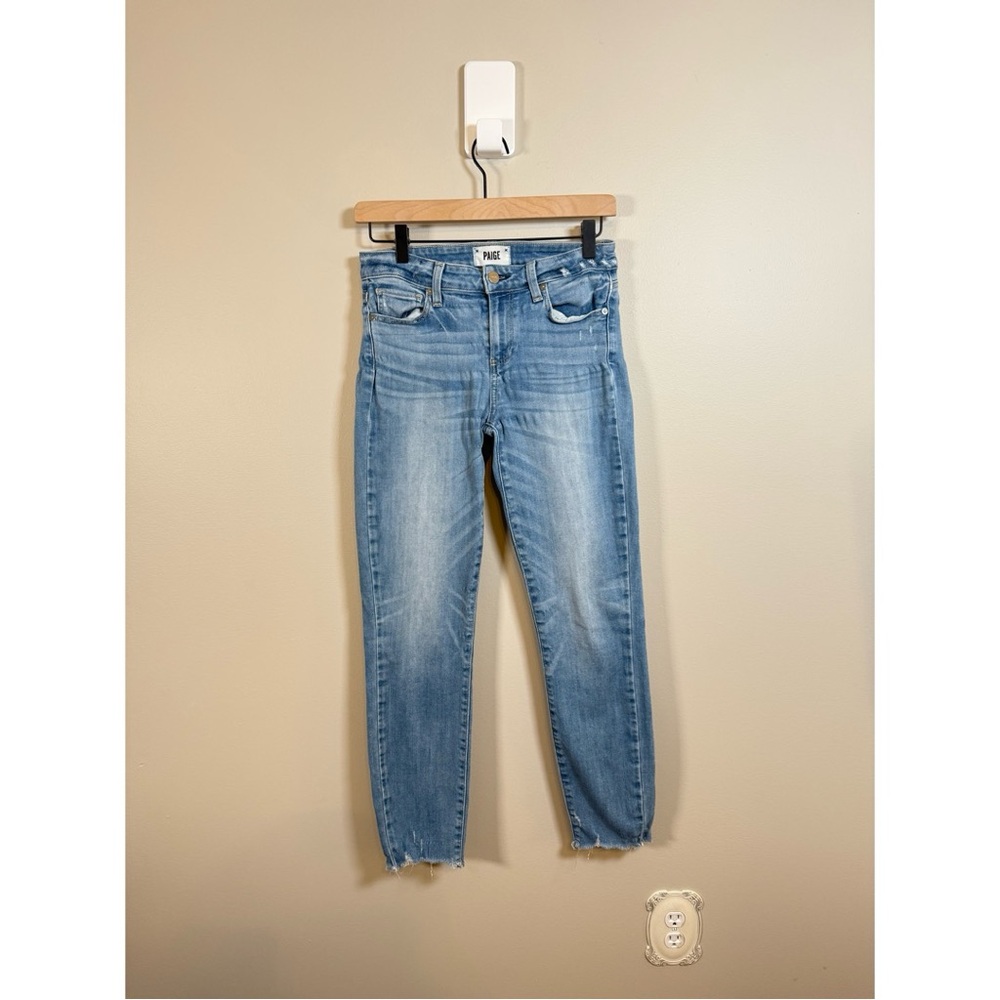 PAIGE Washed Light Blue Skinny Jeans with Frayed Hem